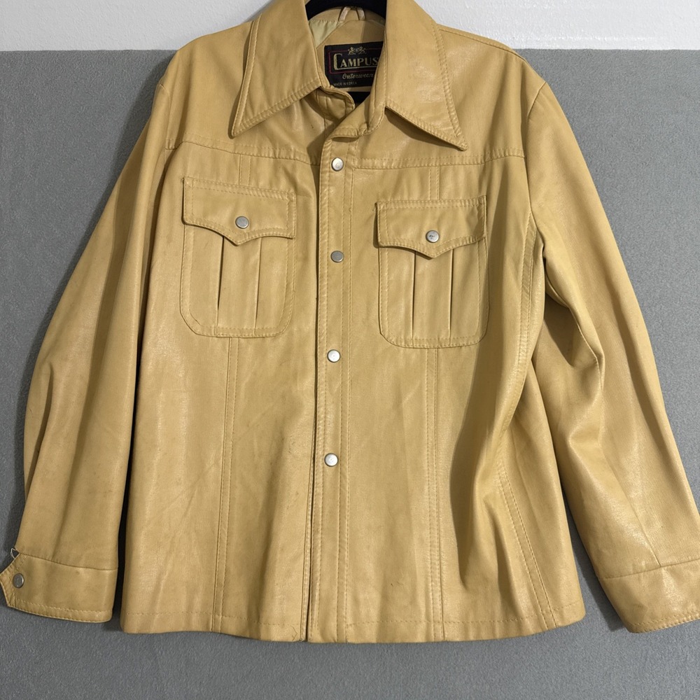 VTG 70s Men's Chore Jacket Tan Faux Leather Snap‎ Button Western Sz 42 WORN L